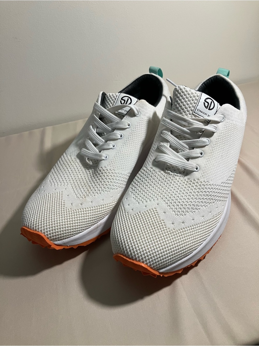SV White Knit Men’s Sneakers with Orange Outsole